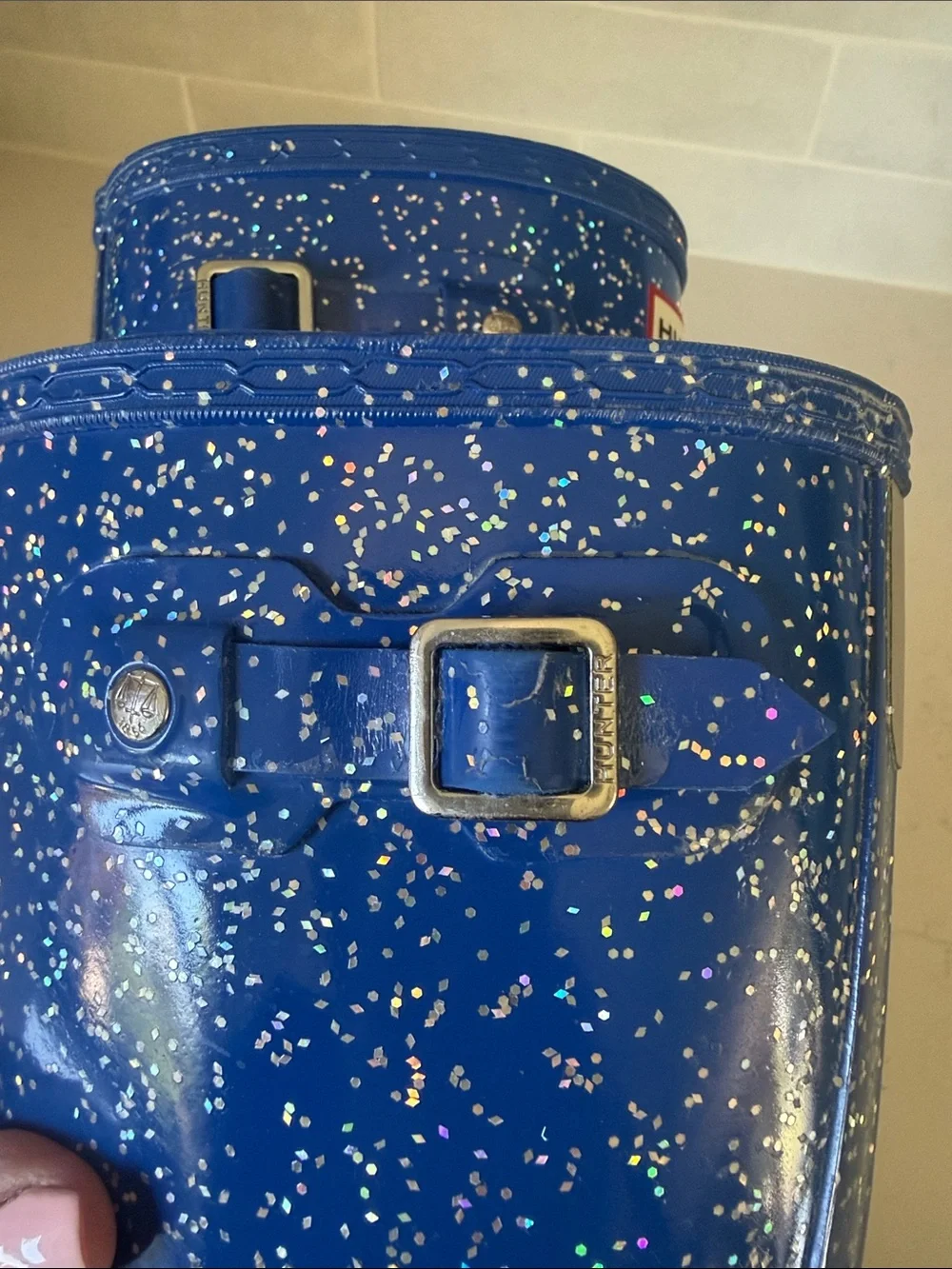 Kids Hunter Tall Glitter Rain Boots - Royal Blue with Silver Sparkle